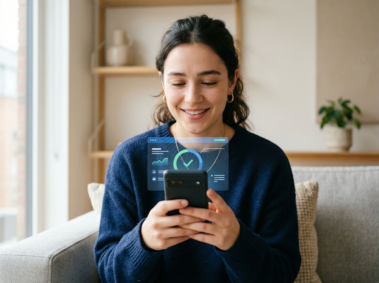 Mujer consultando su historial ASNEF desde el móvil con claridad financiera